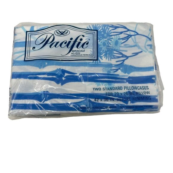 Pacific Miracle No-Iron Standard Pillowcases Cotton Blend  Blue White Floral - Picture 1 of 5